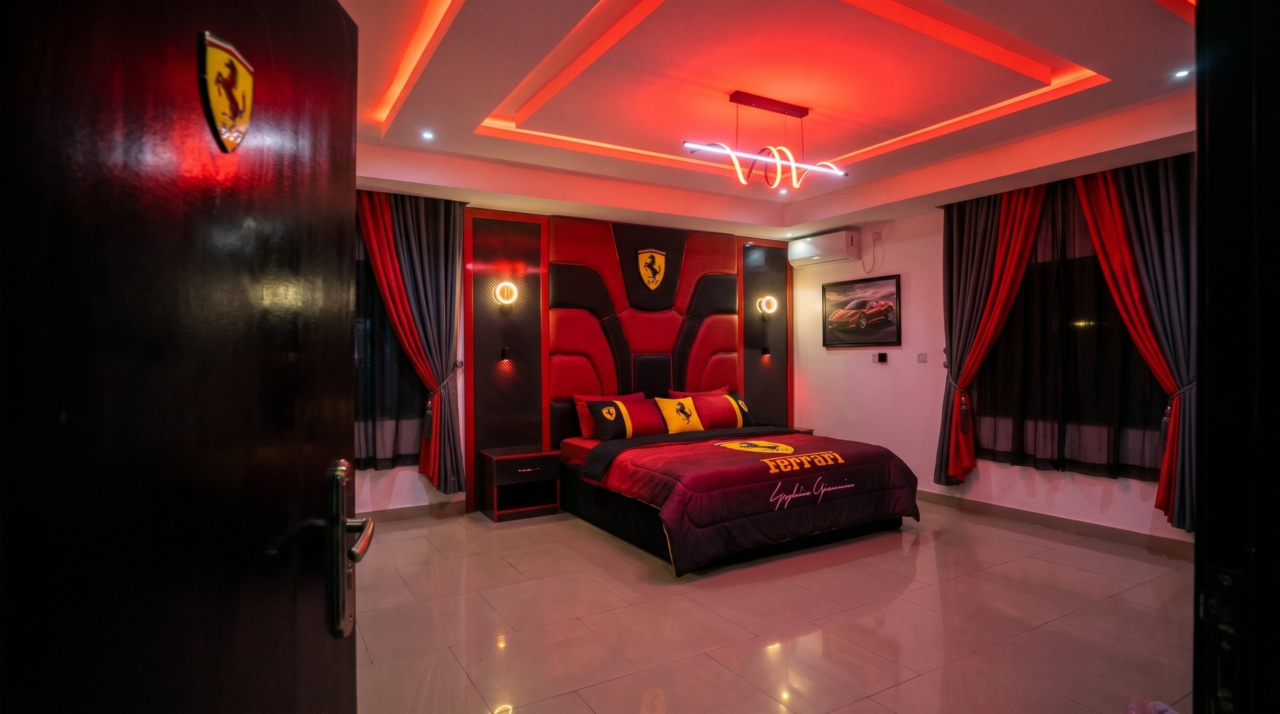 Ferrari-themed suite interior concept created for OJAUTOLOUNGE AND SUITE