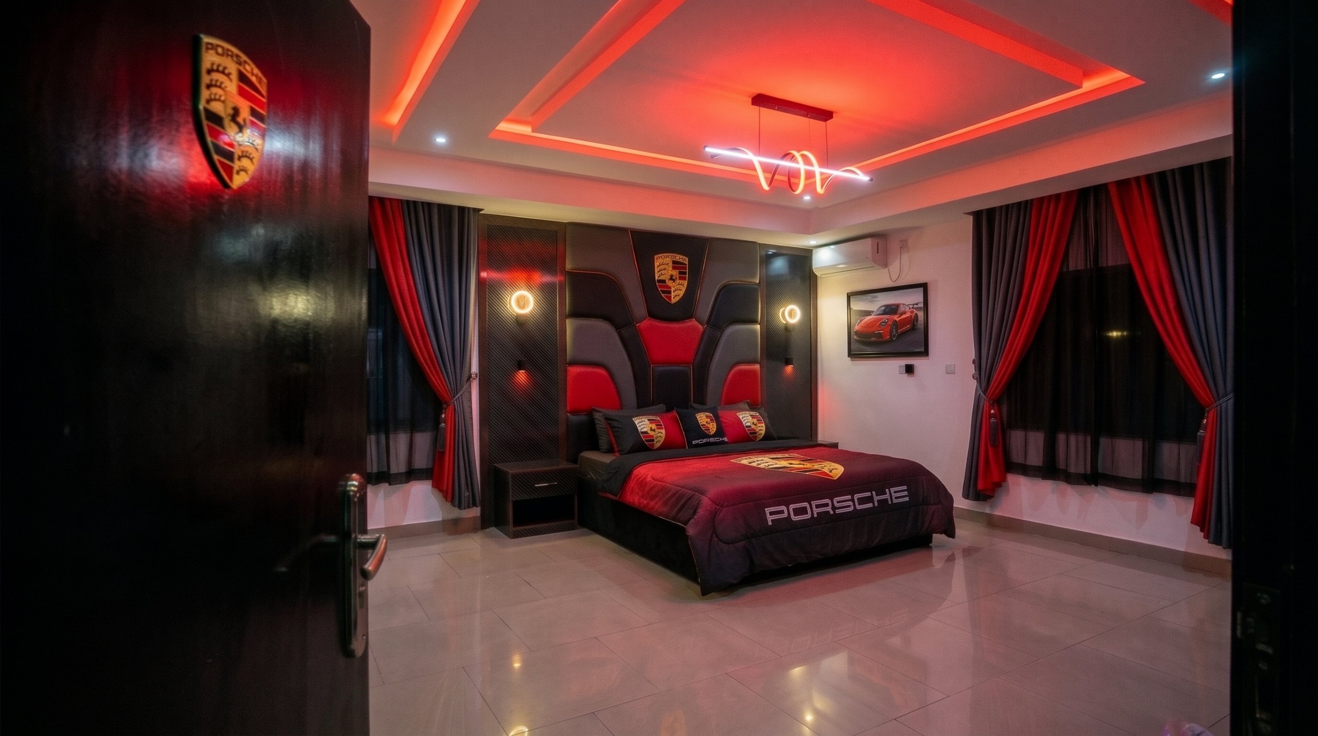 Porsche-themed suite interior concept created for OJAUTOLOUNGE AND SUITE